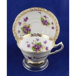 Collingwoods Purple Violets Wide Mouth Tea Cup & Saucer